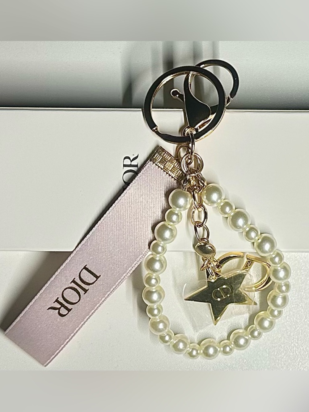 Dior Pearl Key Chain and Bag Cham with Pink Ribbon NWB GWP